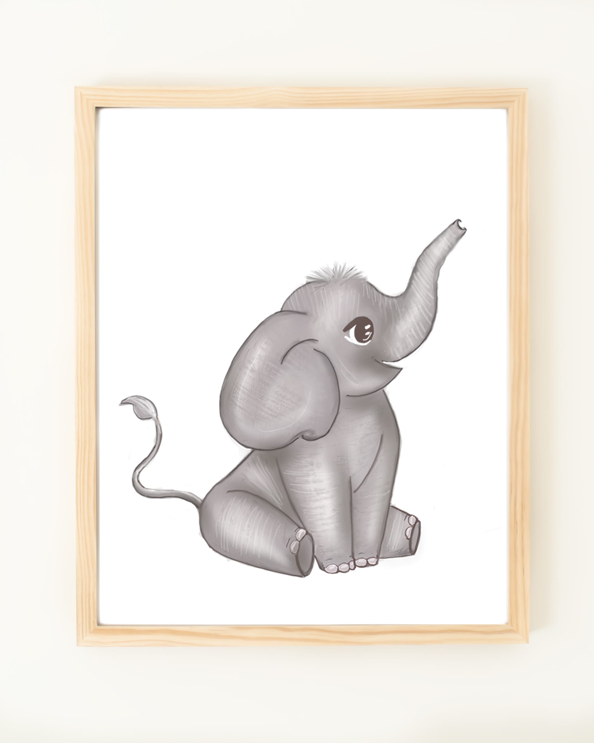 Framed hand drawn safari nursery decor wall art poster cute elephant baby animal 