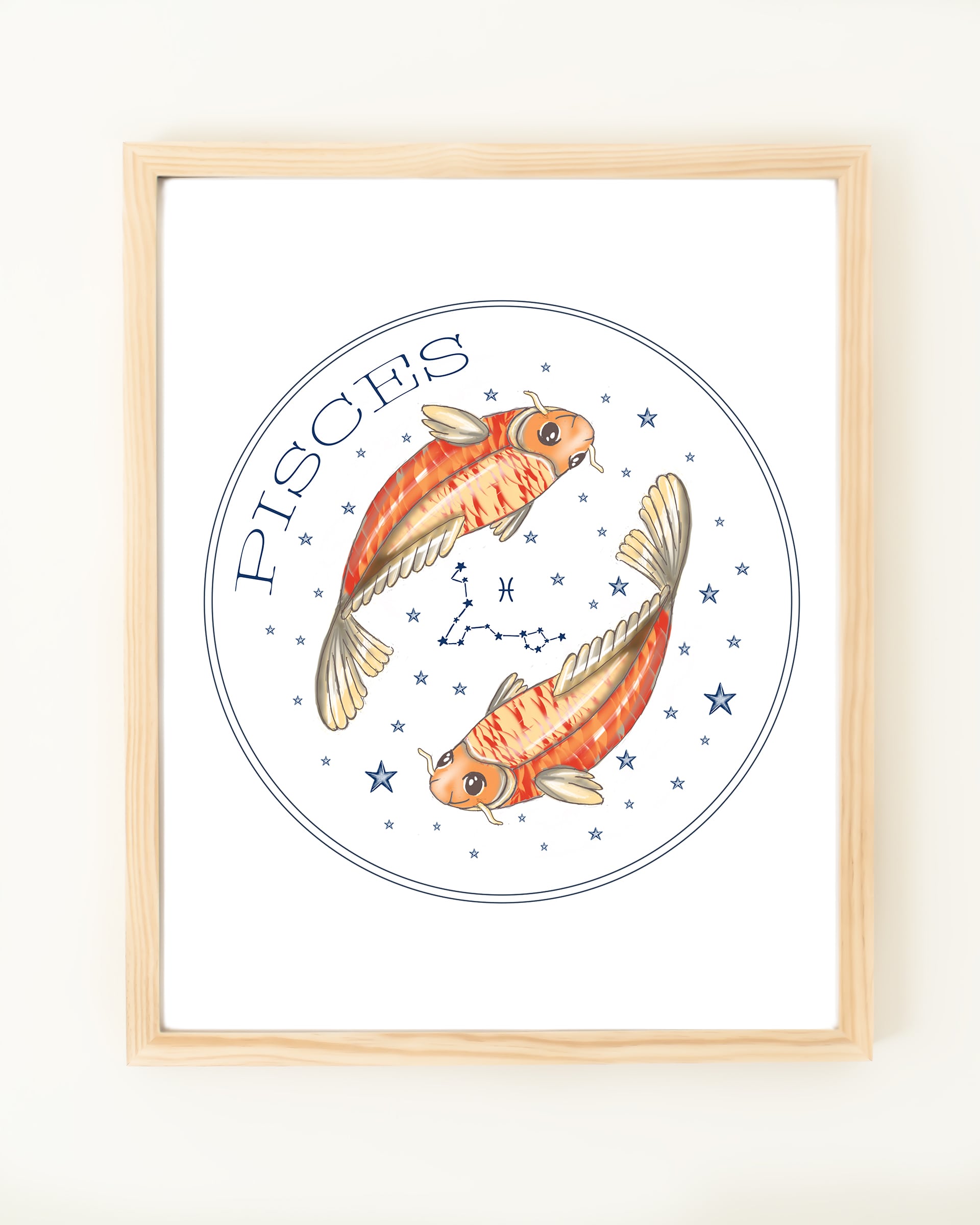 Framed hand drawn stars zodiac nursery decor wall art poster Pisces cute baby gold fish