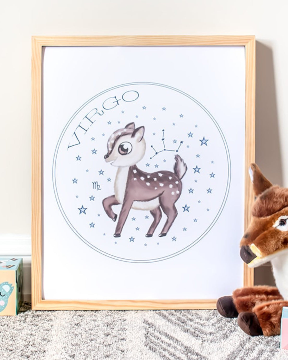 Framed hand drawn stars zodiac nursery decor wall art poster Virgo cute baby deer woodland animal