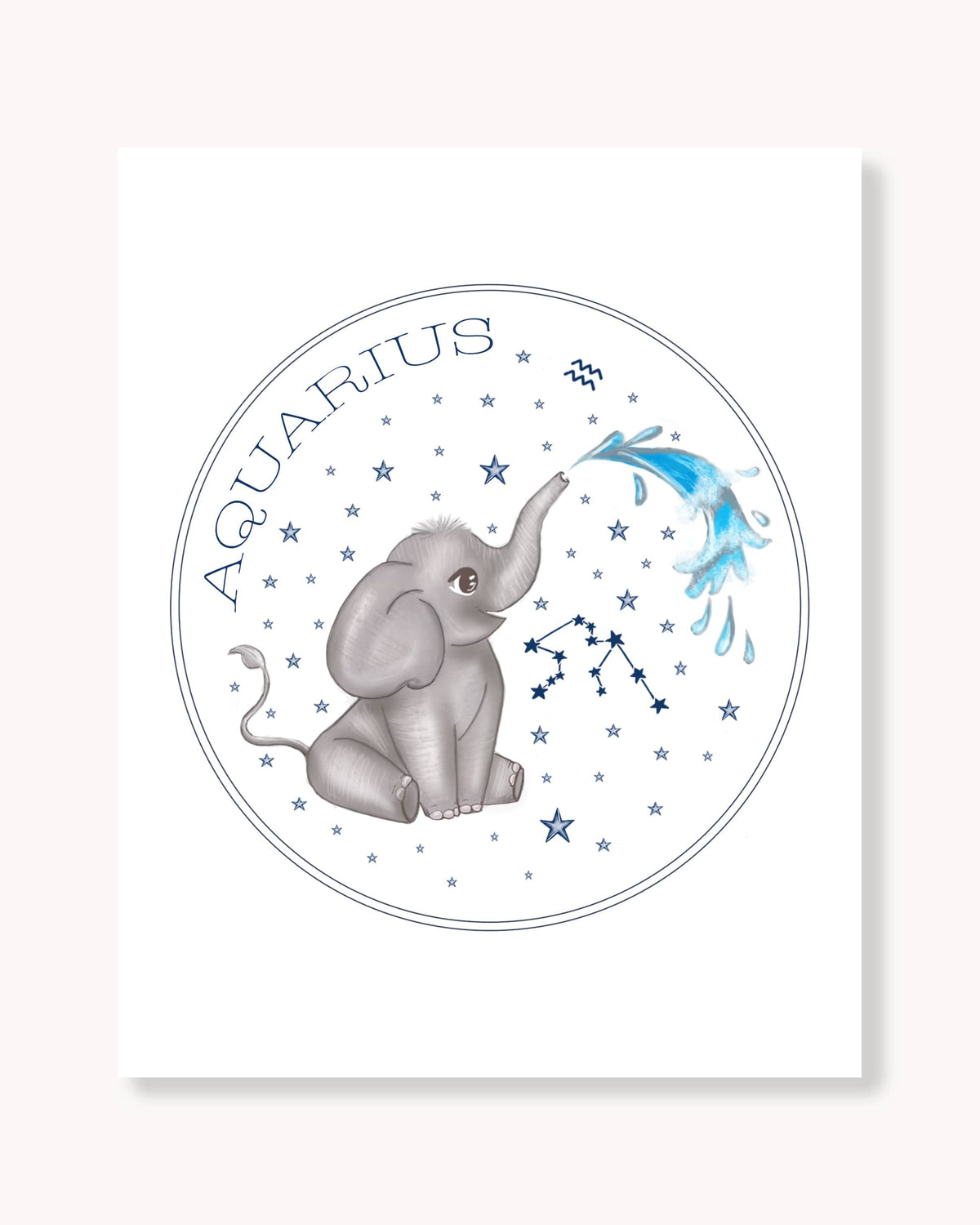 Hand drawn stars zodiac nursery decor wall art poster Aquarius cute baby elephant with water