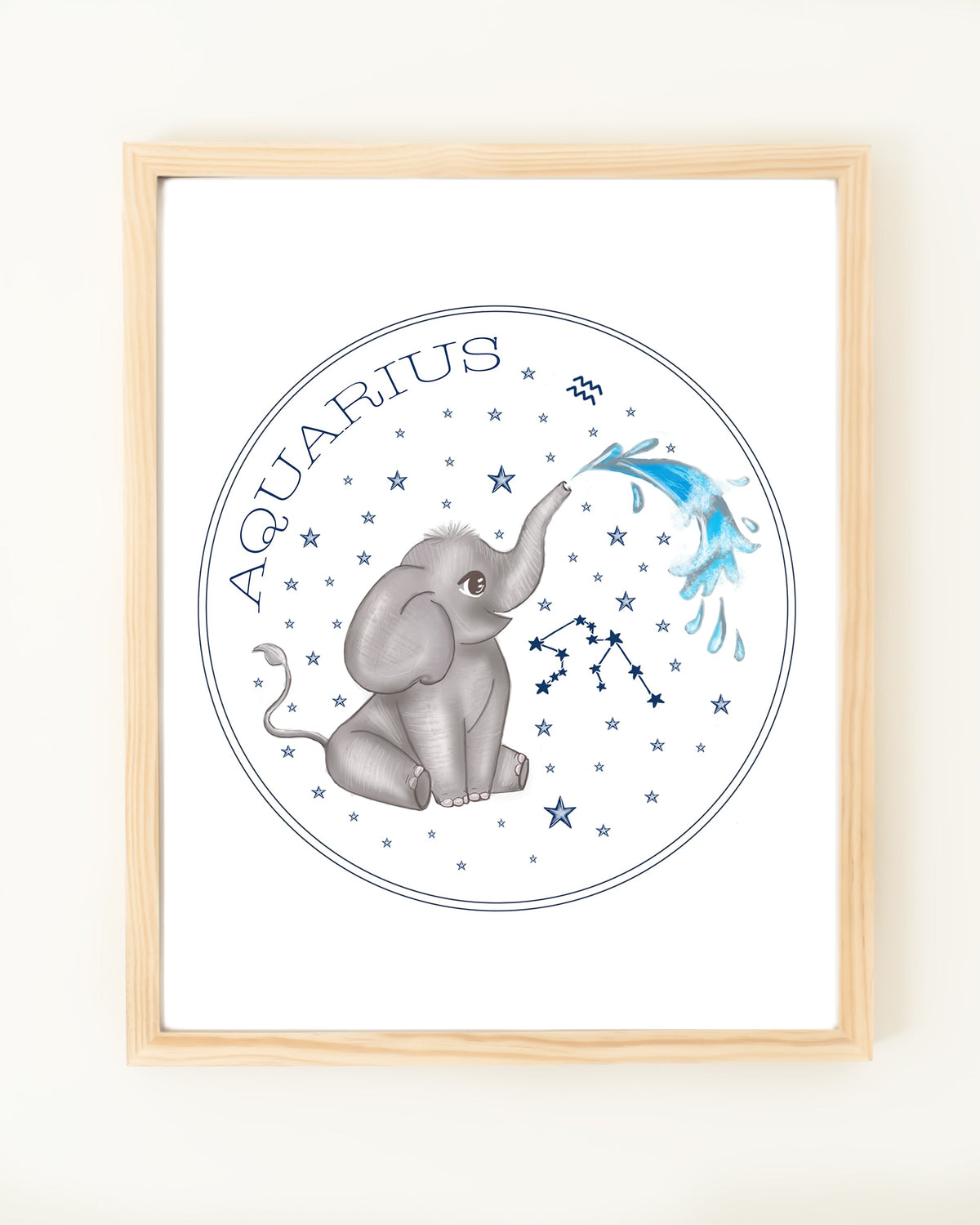 Framed hand drawn stars zodiac nursery decor wall art poster Aquarius cute baby elephant with water