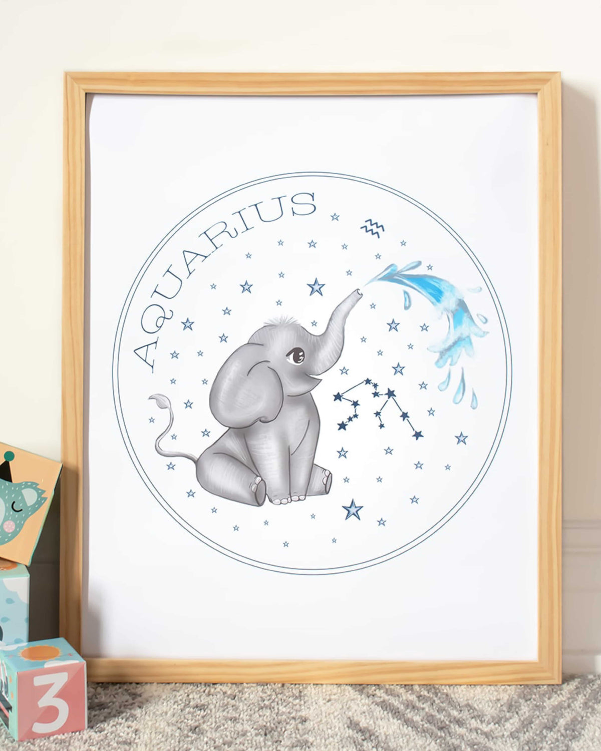 Framed hand drawn stars zodiac nursery decor wall art poster Aquarius cute baby elephant with water 