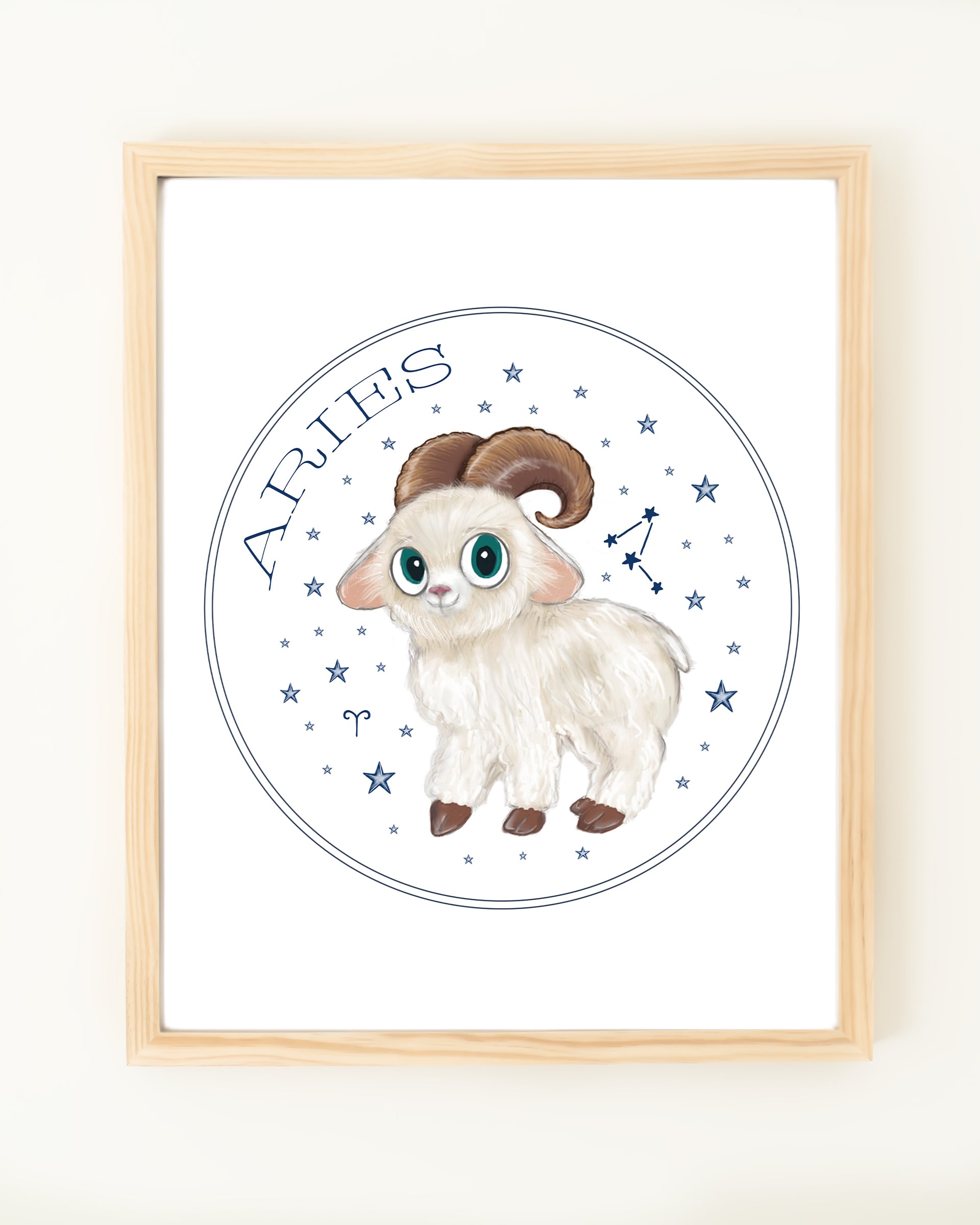 Framed hand drawn stars zodiac nursery decor wall art poster Aries cute baby animal farm sheep 