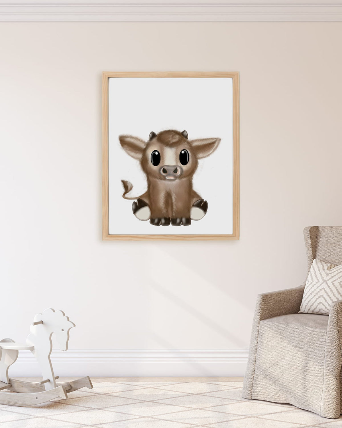 Framed example hand drawn nursery decor wall art poster cute baby bull farm animal