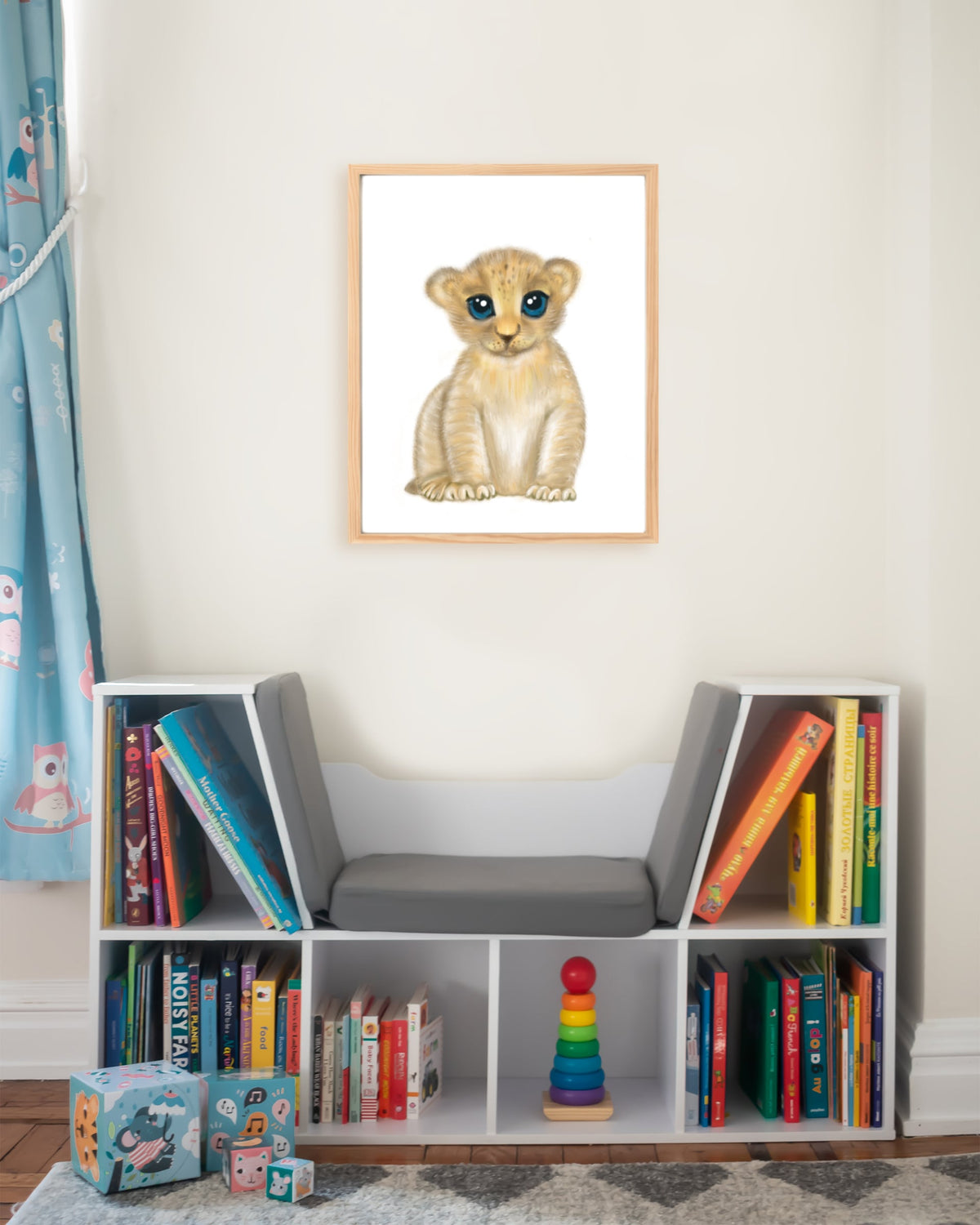 Framed example hand drawn nursery decor wall art poster cute lion cub baby animal 