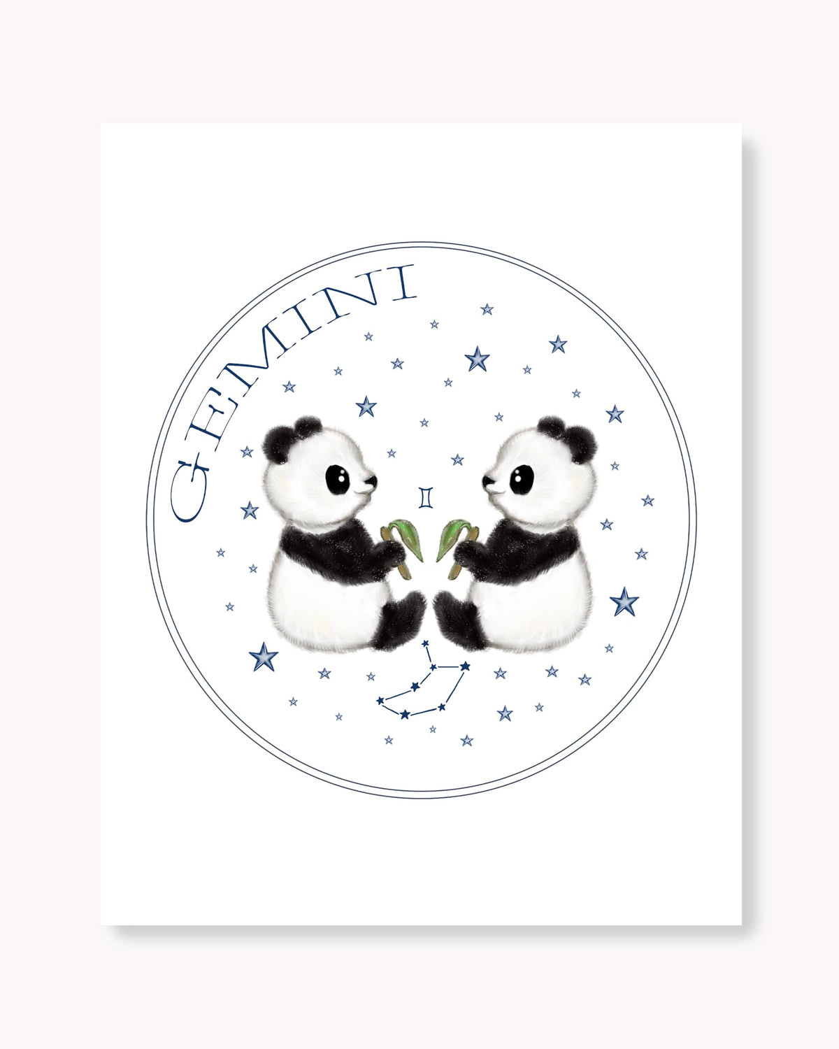 Hand drawn stars zodiac nursery decor wall art poster Gemini cute baby pandas with bamboo