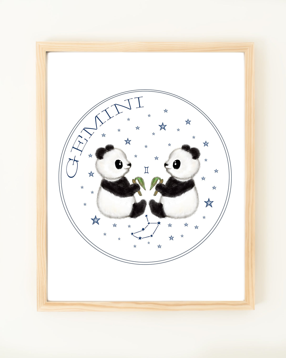 Framed hand drawn stars zodiac nursery decor wall art poster Gemini cute baby pandas with bamboo
