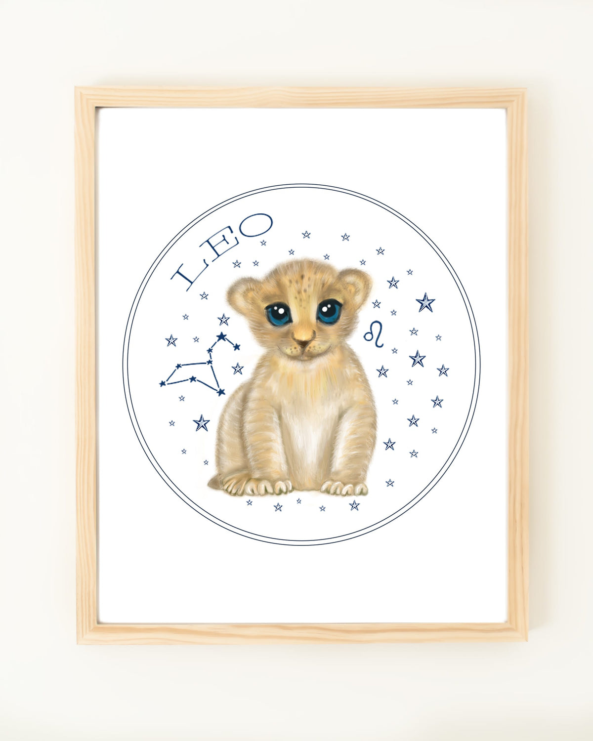 Framed hand drawn stars zodiac nursery decor wall art poster Leo cute baby animal lion cub