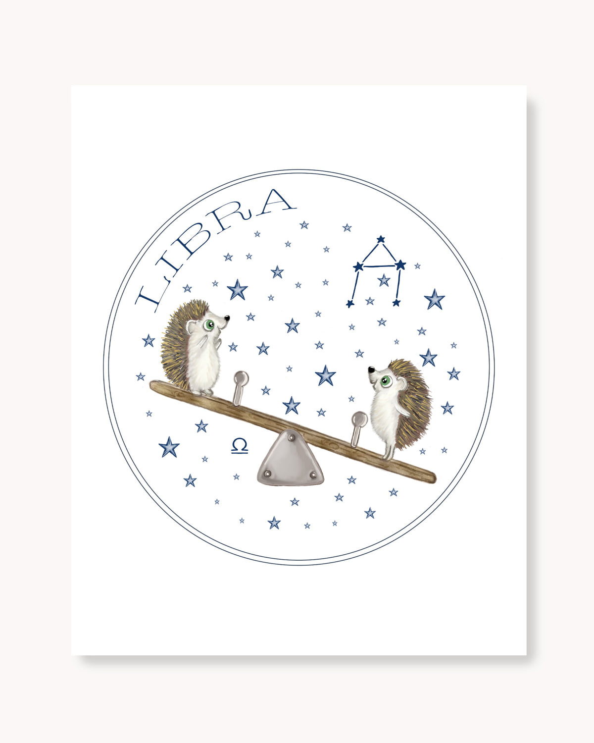 Hand drawn stars zodiac nursery decor wall art poster Libra cute baby hedgehogs on seesaw