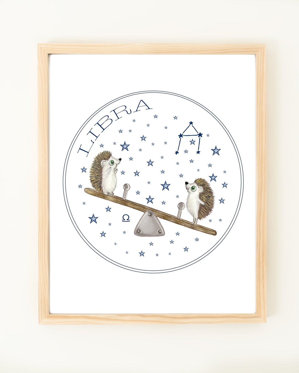 Framed hand drawn stars zodiac nursery decor wall art poster Libra cute baby hedgehogs on seesaw