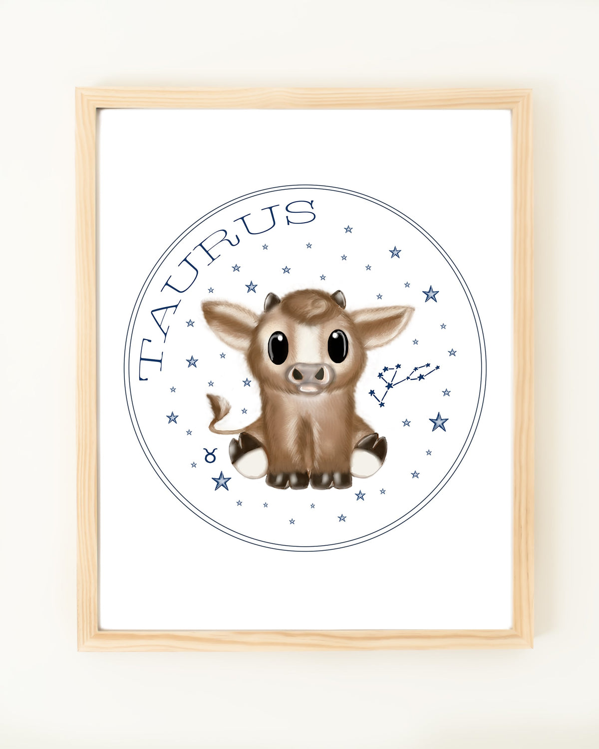 Framed hand drawn stars zodiac nursery decor wall art poster Taurus cute baby bull farm animal