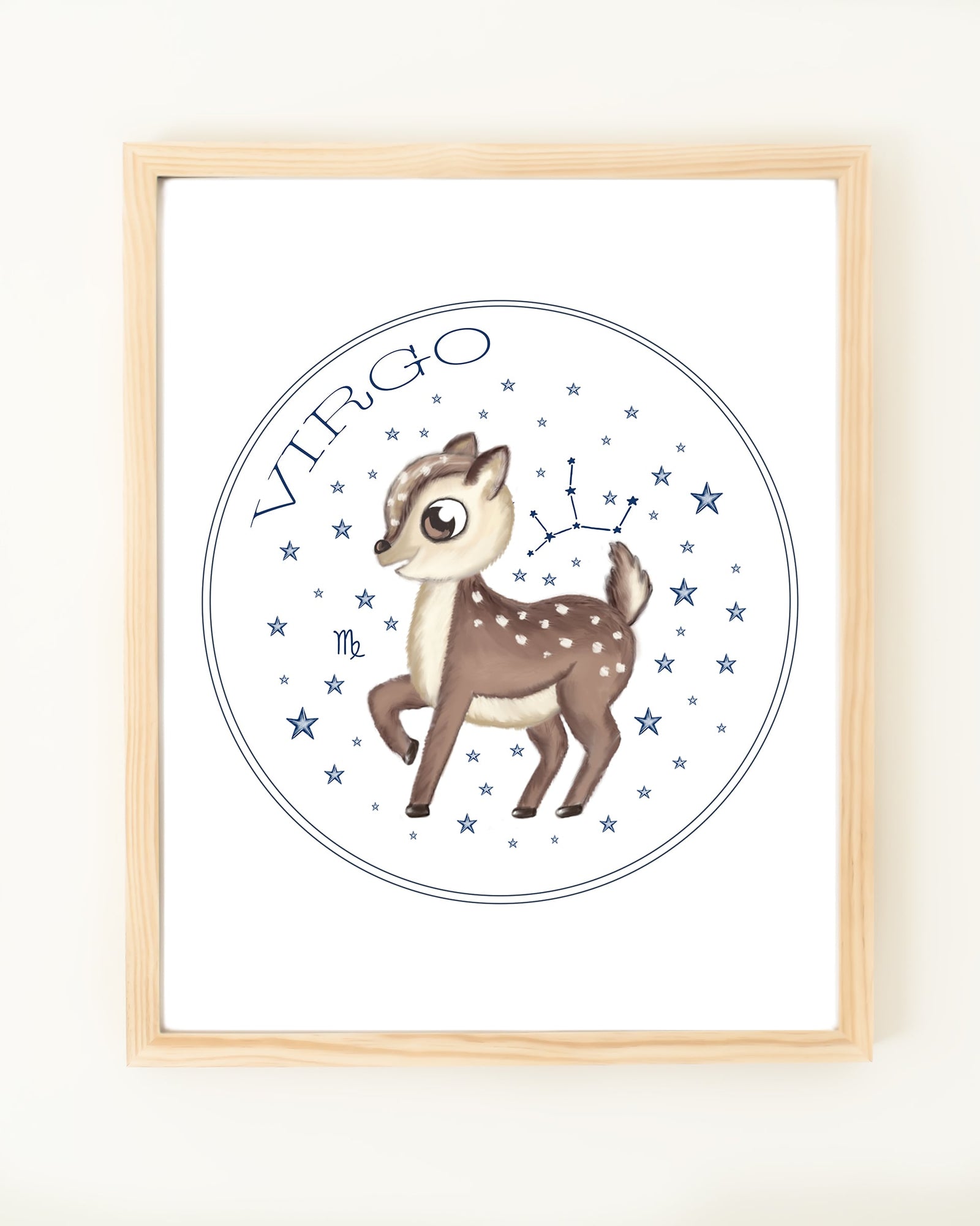 Framed hand drawn stars zodiac nursery decor wall art poster Virgo cute baby deer woodland animal